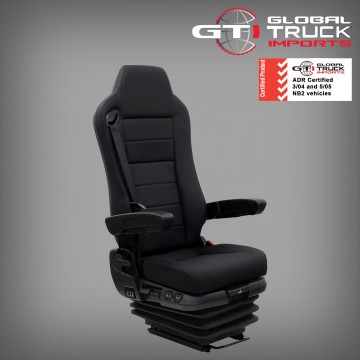 Commander truck seat with integrated three-point seat belt and adjustable armrests.