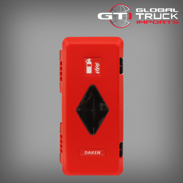 Durable truck fire extinguisher box with tough fire extinguisher housing for commercial vehicles.