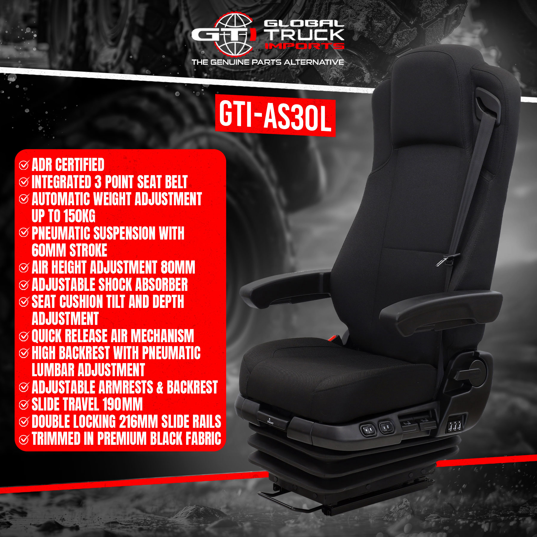 Titan Elite Passenger Dual Steer Air Ride Suspension Seat delivers comfort and support for long-distance truck drivers.