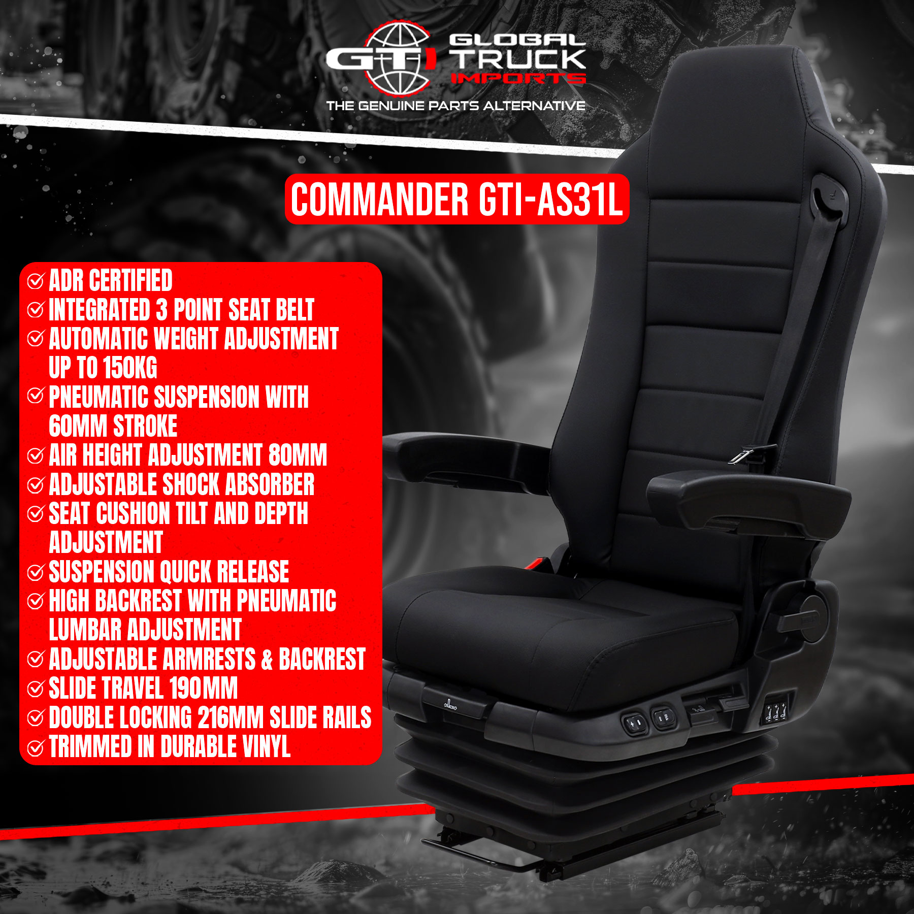 Commander Passenger Dual Steer air ride suspension seat for trucks and buses.