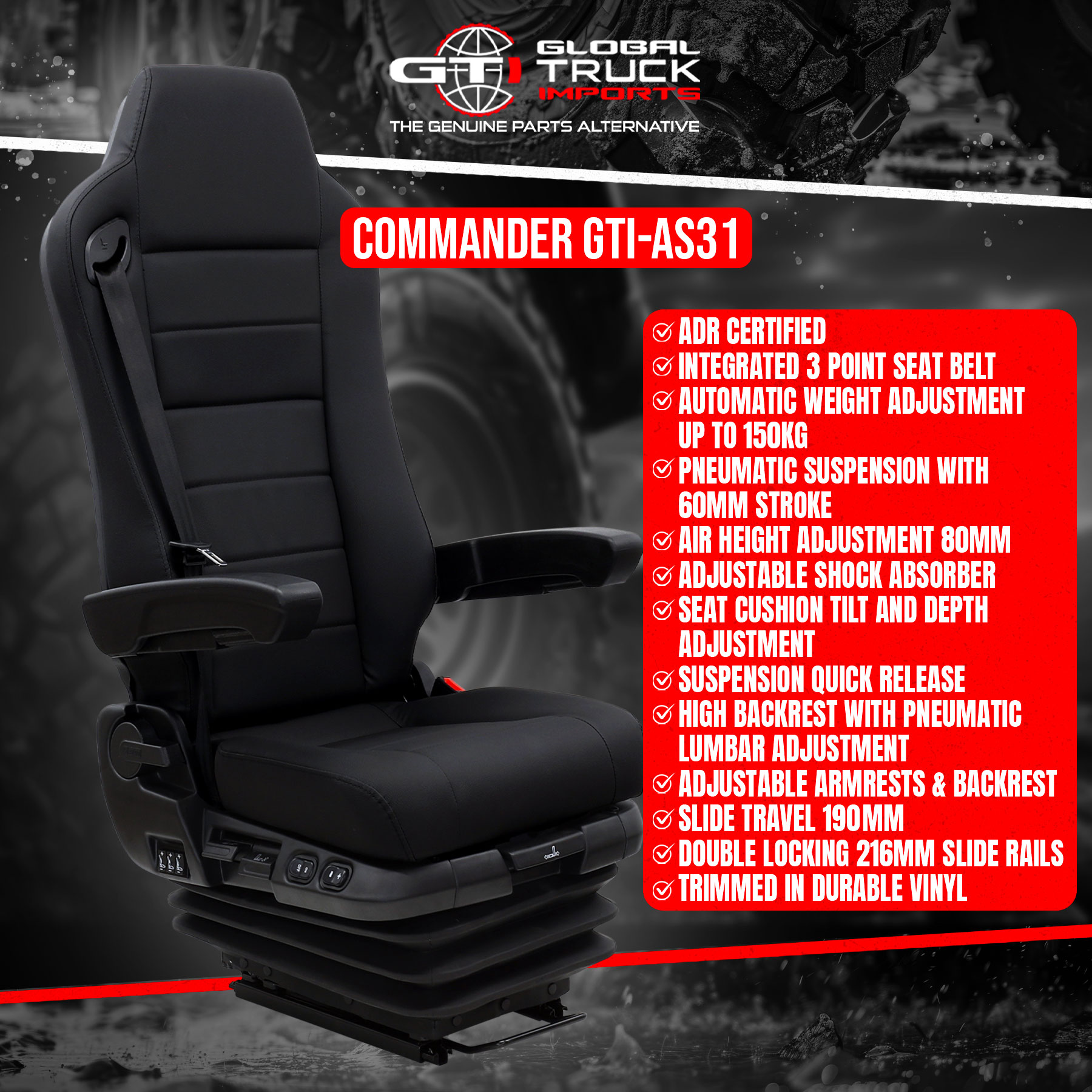 Commander air suspension truck seats with premium black vinyl upholstery.