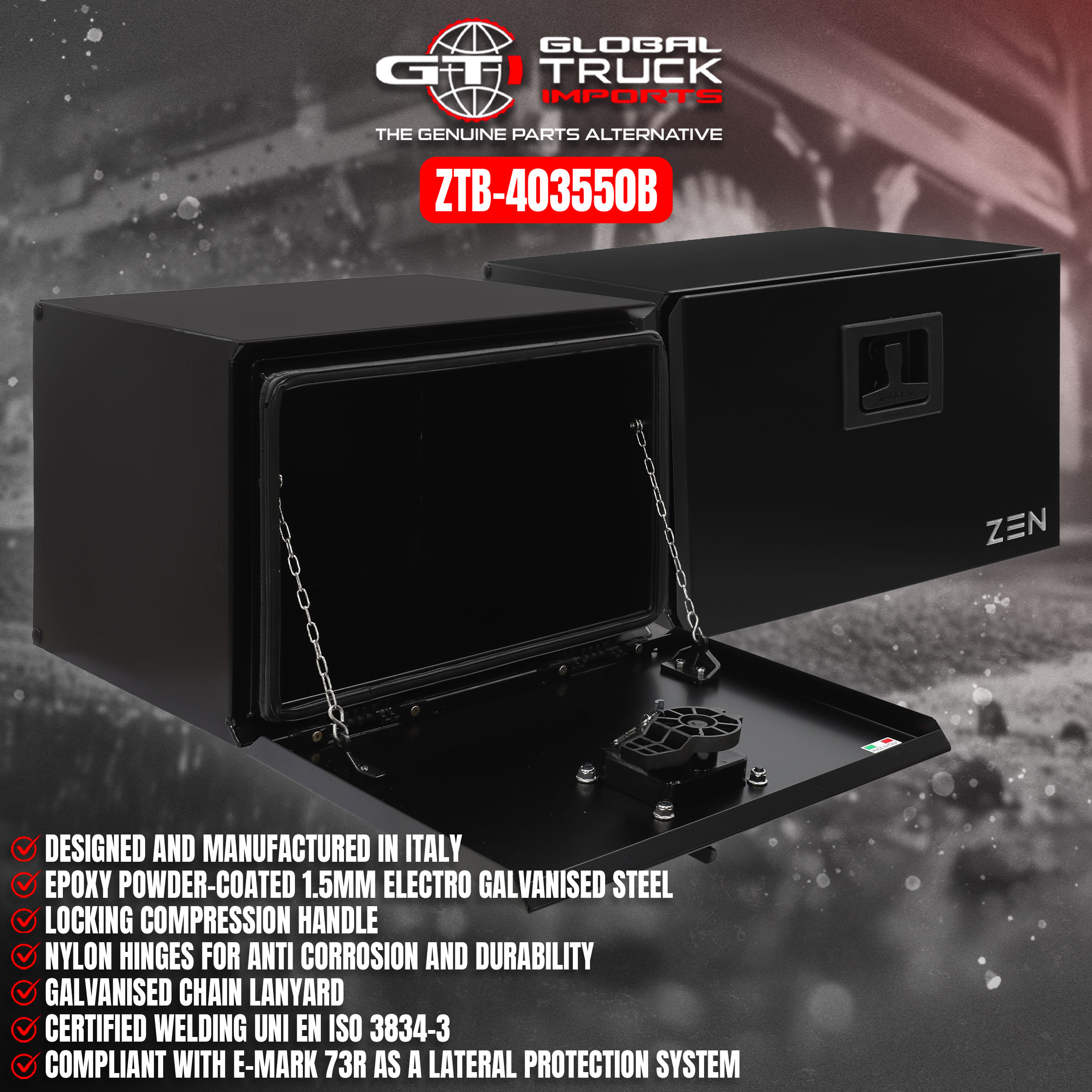 Daken low profile truck tool box for secure truck storage on commercial vehicles.