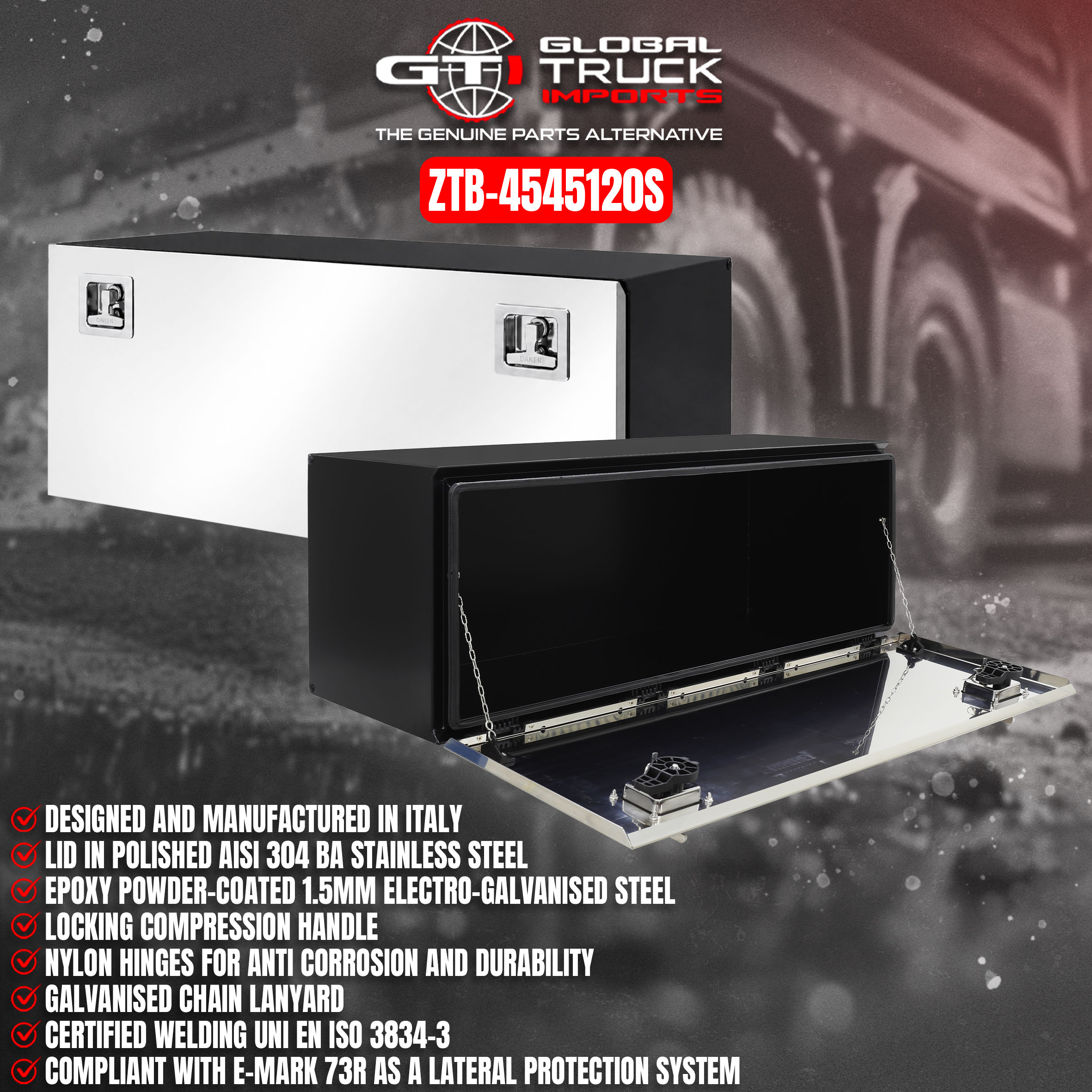 Daken stainless steel truck tool box with a low profile truck tool box design for heavy-duty storage.