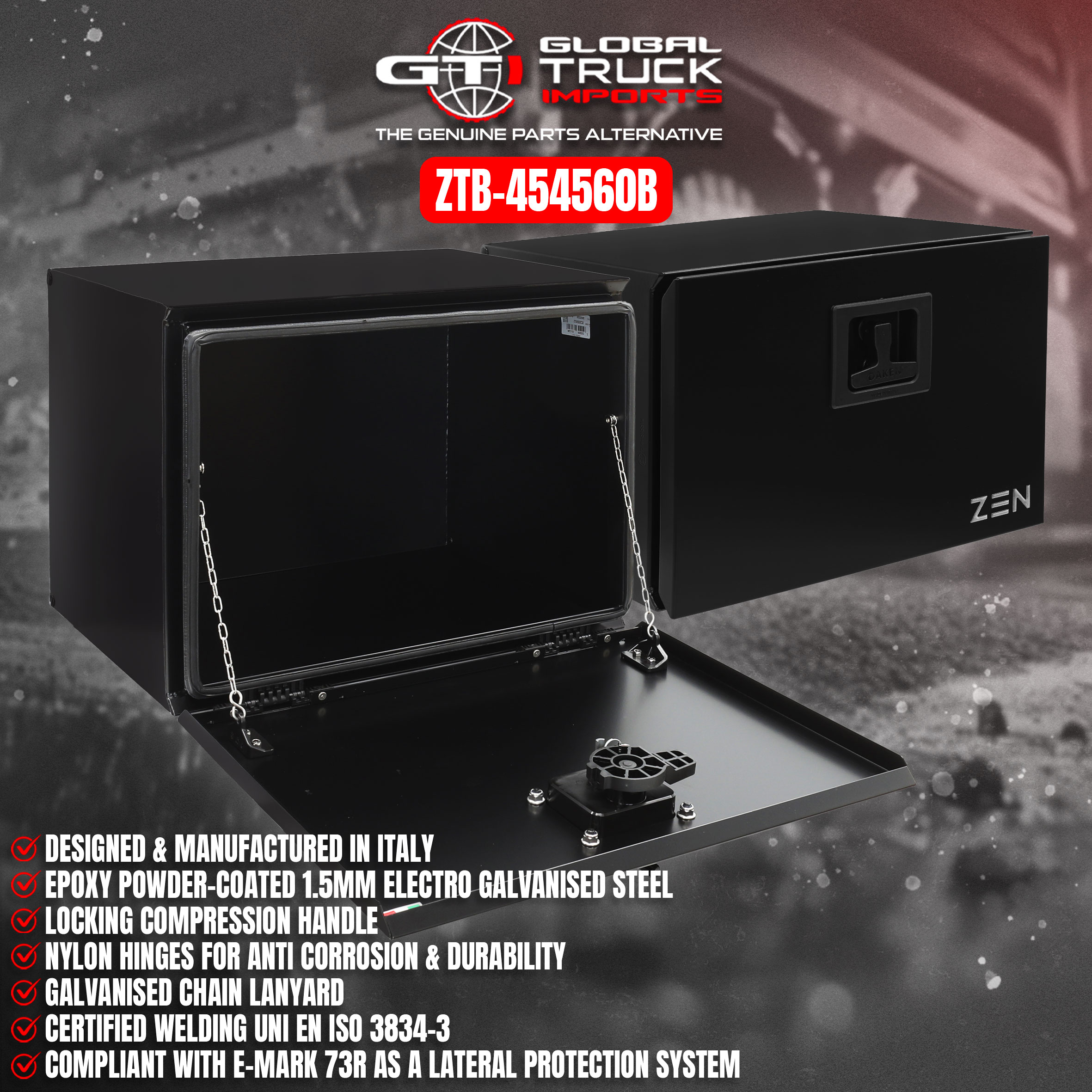 Daken low profile truck tool box for secure truck storage on commercial vehicles.