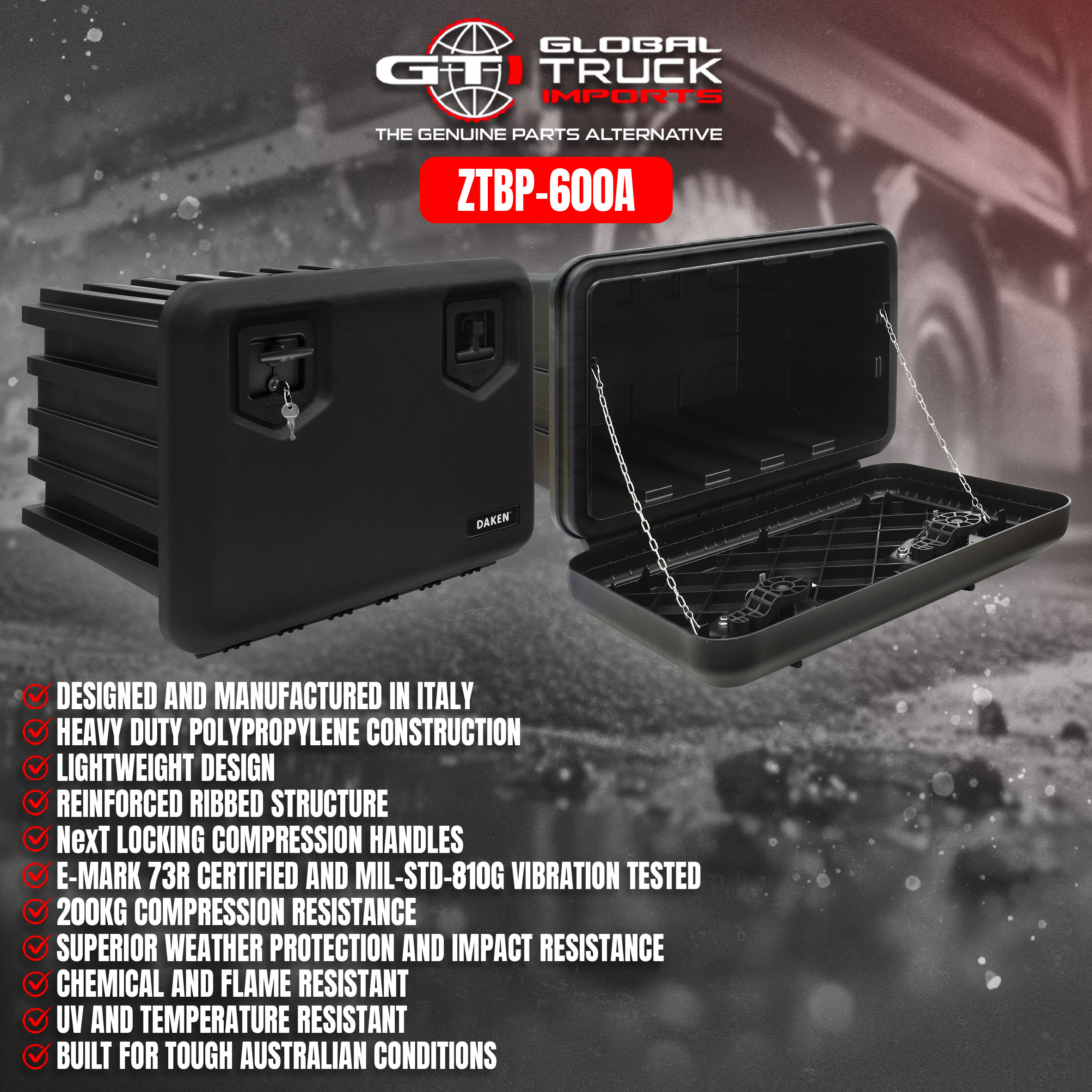 Daken truck tool boxes built as a durable under tray truck tool box for everyday use.