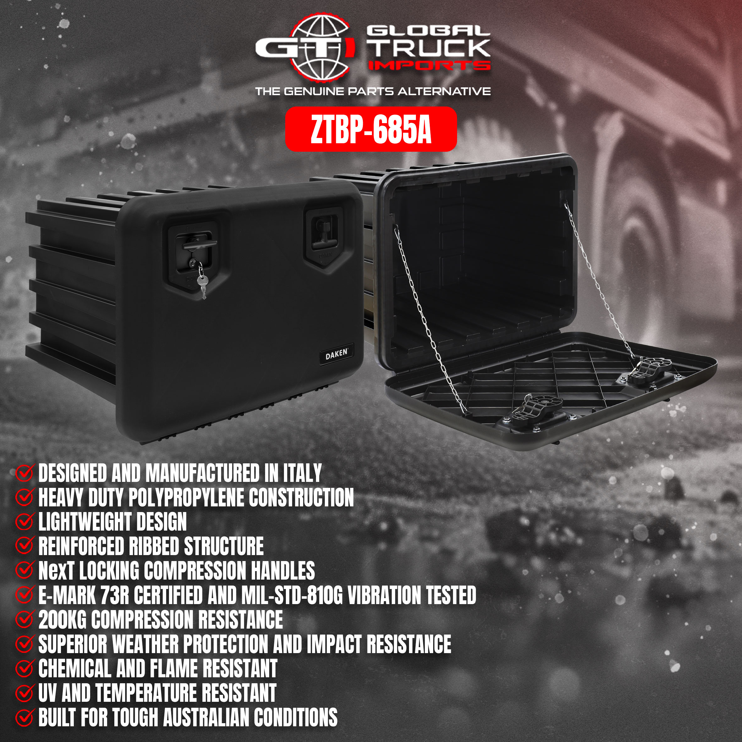 Daken ARKA truck tool boxes for secure under truck tool box storage on commercial vehicles.